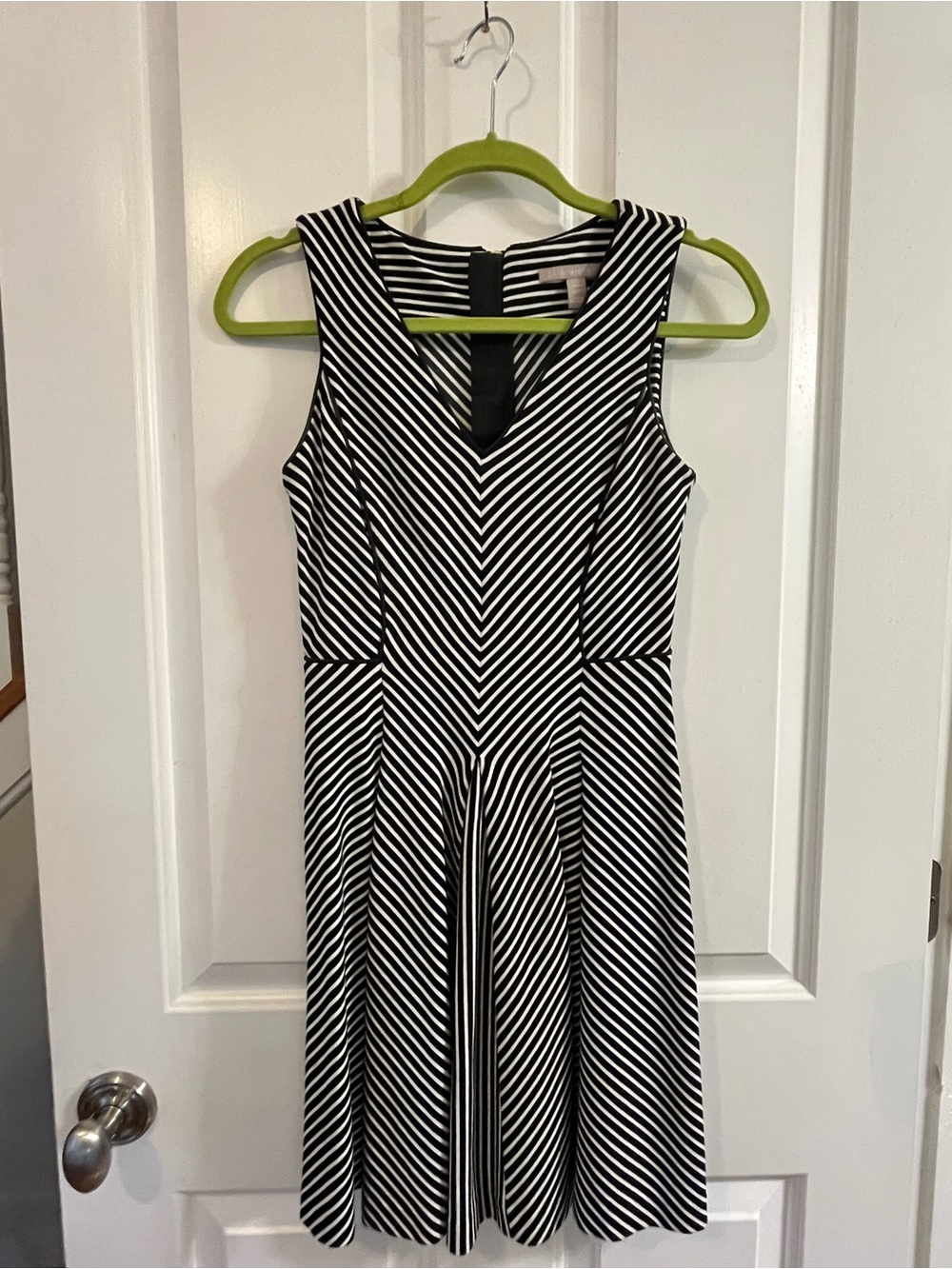 Banana Republic Black and White Striped V-Neck Fit & Flare Dress